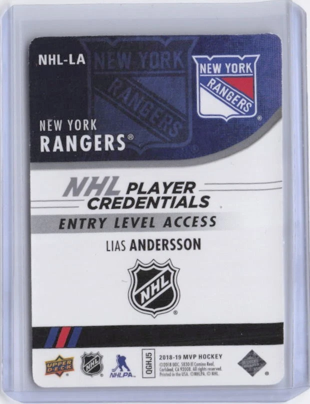 2018-19 Upper Deck MVP Lias Andersson NHL Player Credentials Entry Level #NHL-LA - Image 2 of 2