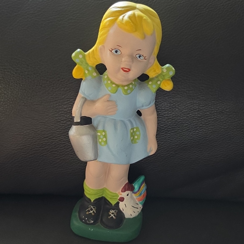 Hand-Painted Ceramic Girl Figurine in Blue Dress Holding Pail, Multicolor Matte
