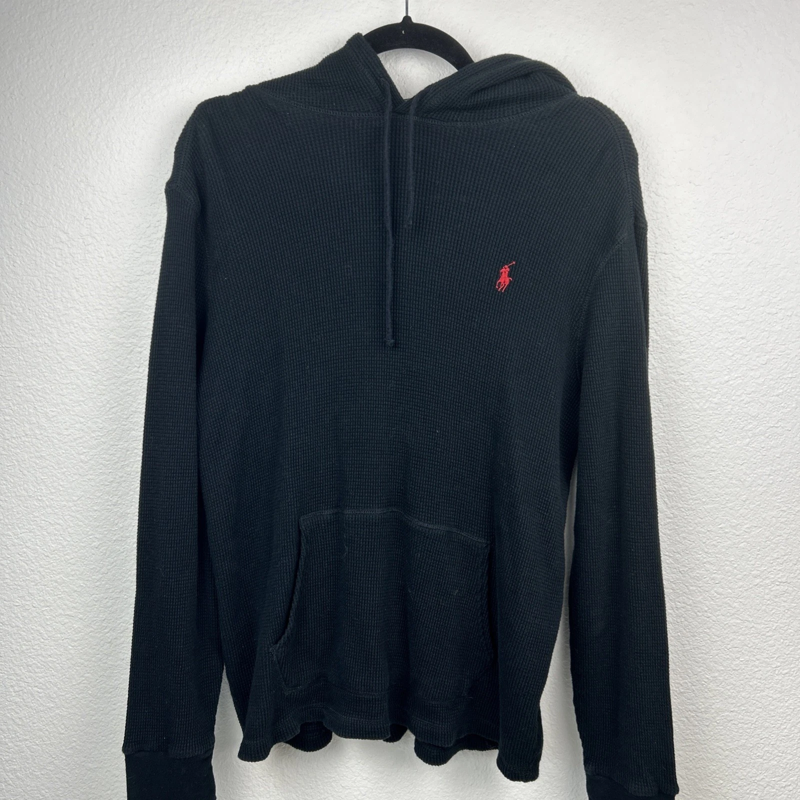 Polo Ralph Lauren Hoodie Men LARGE Black Waffle Knit Thermal Sweatshirt Preppy