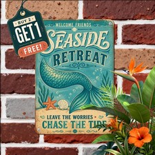 Turquoise Ocean Mermaid Siren Coastal Beach House Plaque Metal Tin Sign 8x12
