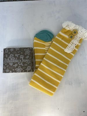 Matilda Jane M. Knee High Socks Yellow Stripe Lace Perfectly Paired Nwt M
