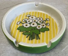1970s Ceramic Round Ashtray Daisy Flower Power, Yellow, Green  4.5"