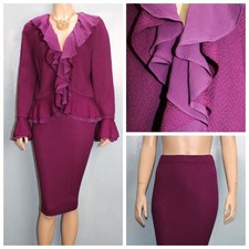 St. John Knits Purple Plum Jacket Skirt L XL 10 12 14 2pc Suit Ruffled Silk Trim
