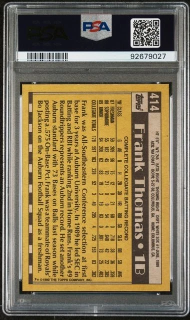 1990 Topps Frank Thomas #1 Draft Pick RC PSA 10 GEM MINT Rookie HOF #414 - Image 2 of 2