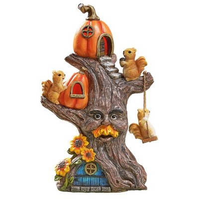 Fall Decor, Pumpkin Decor, Tree Spirit and Squirrels Pumpkin House with Solar...