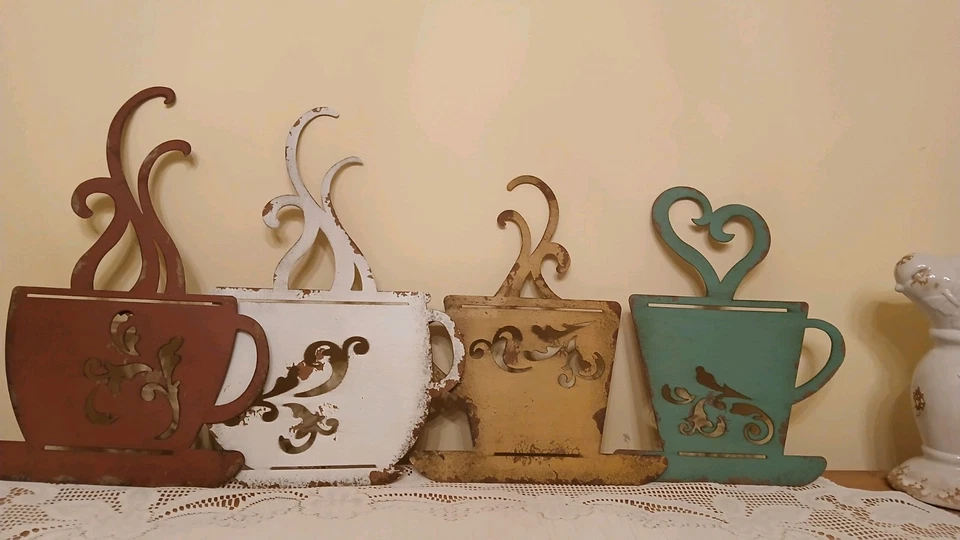 Set Of 4 Rustic Colorful Metal Coffee Cups Kitchen Wall Art Dining Room Cafe - Image 3 of 4