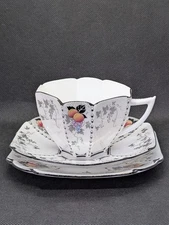 Vintage Shelley Art Deco Queen Anne Hand Painted Trio Peaches & Grapes 1926