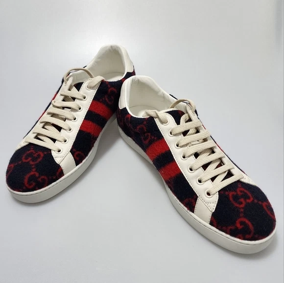 Gucci Ace Wool Sneakers Gg Blue Red Men'S Uk 7.5/Us 8.5 | Ebay