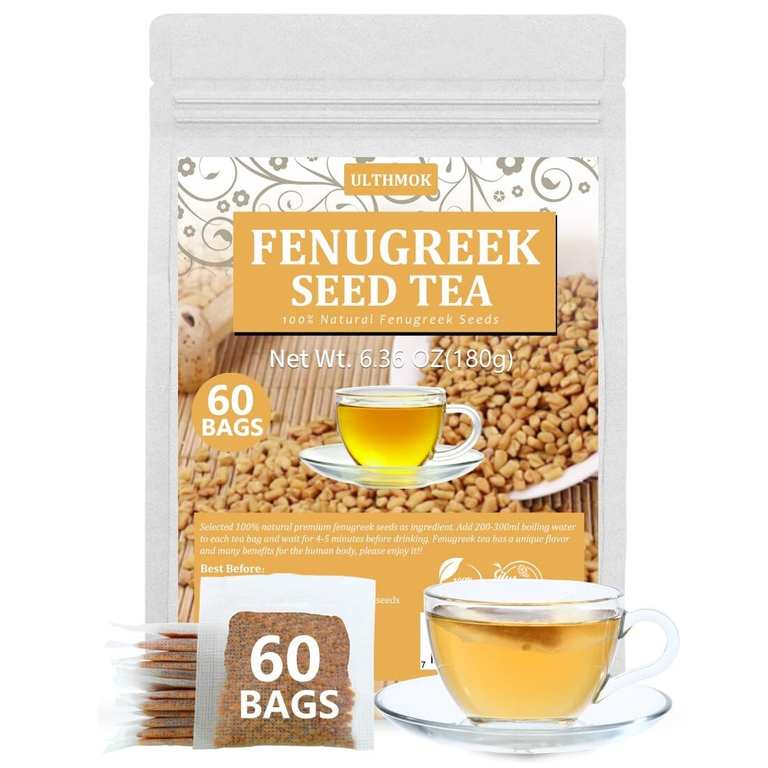 Fenugreek Tea 60Bags Whole Fenugreek Methi Seeds Support Digestion Caffeine-free