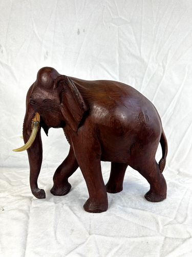 Estatuilla de estatuas de animales grandes y pequeños tallados en madera de elefantes indios de colección - Imagen 2 de 18