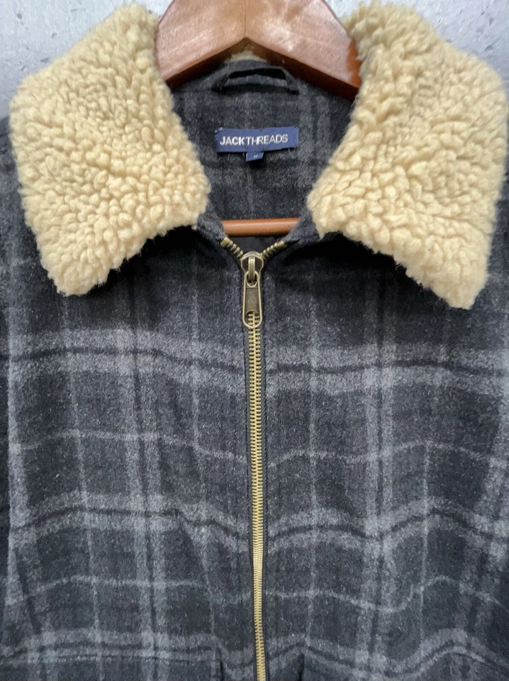 Chaqueta Jack Threads Hombre M Gris Mezcla de Lana a Cuadros Cuello Sherpa Cremallera Completa Abrigo Foto 2 de 4