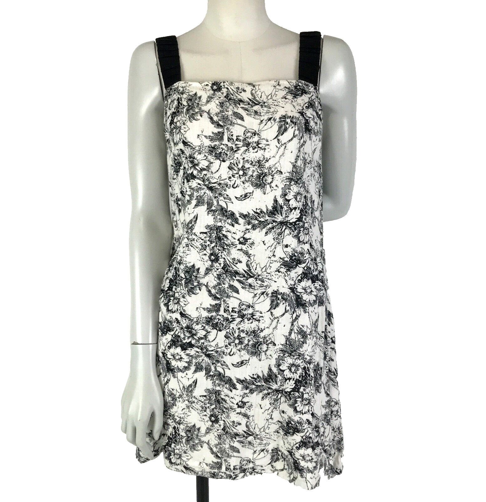 Oasis White Linen Blend Short Dress Size 12 with Black Floral Print and Shift Straps