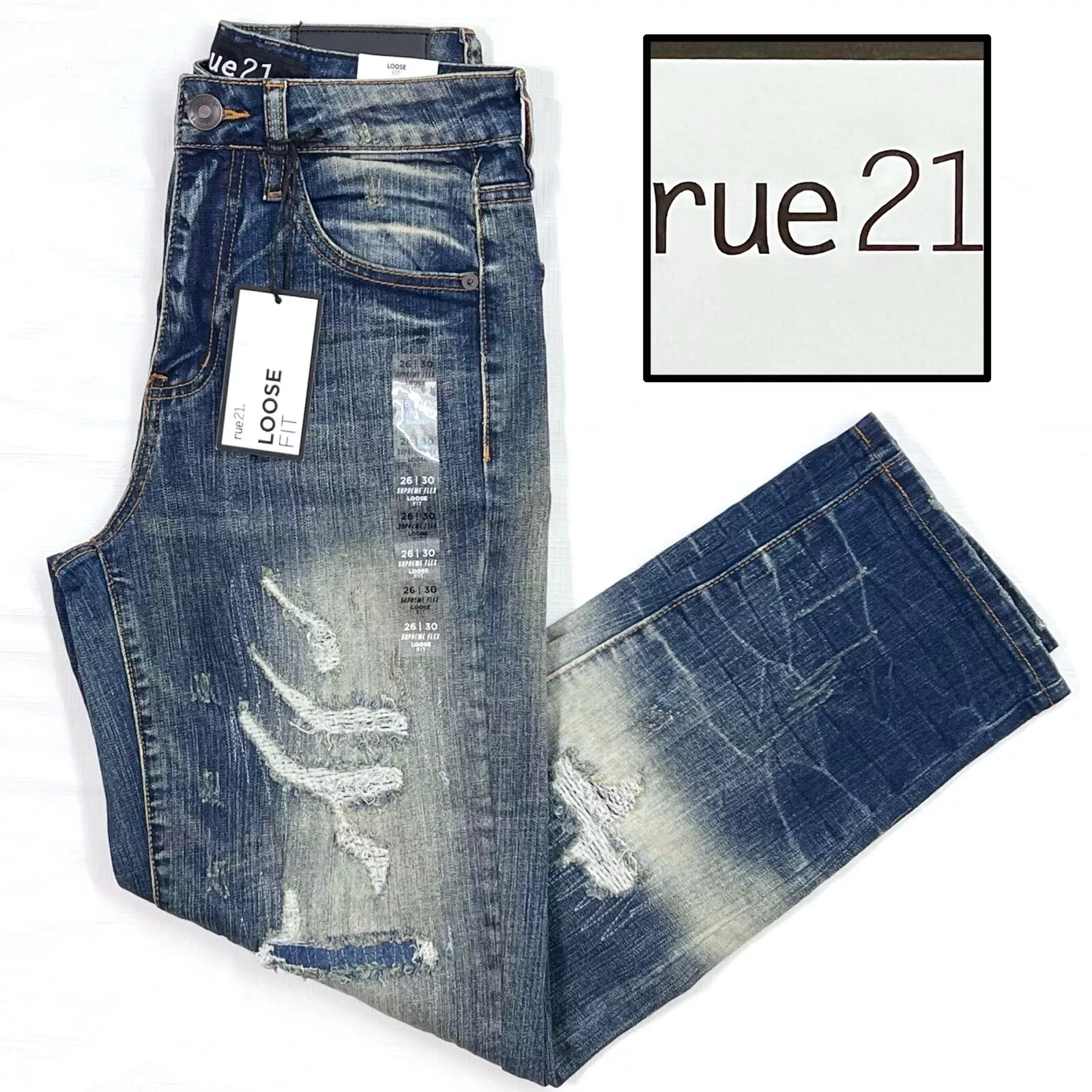 Pantalon jean homme taille 26x30 neuf avec étiquette RUE21 Supreme Flex coupe ample vieilli denim foncé