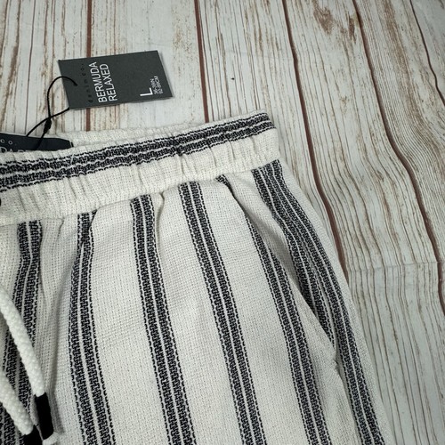 Primark Herren Relaxed Baumwollmischung Elfenbein Schwarz Gestreift 2 Stück Short Set-Large - Bild 5 von 14