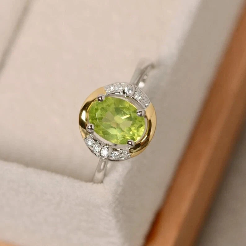 Anel de Dia dos Namorados com peridoto natural e diamante 1,25 quilates ouro branco real 14K sólido - Imagem 4 de 4