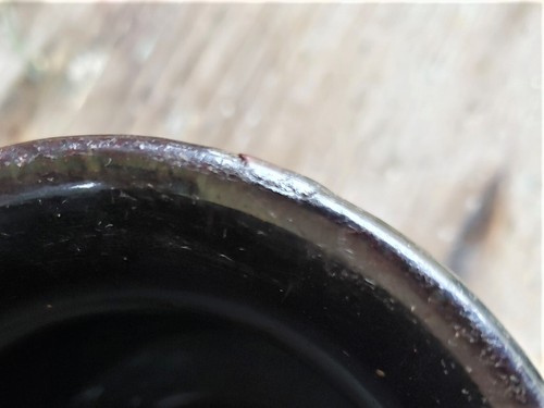 Rare ANTIQUE PA 19th C DARK BROWN Redware GLAZED PITCHER 5" T COGGLE Design - Picture 8 of 11