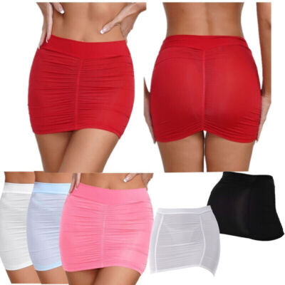 Womens Mini Pencil Skirts See-Through Sheer Micro Ruched