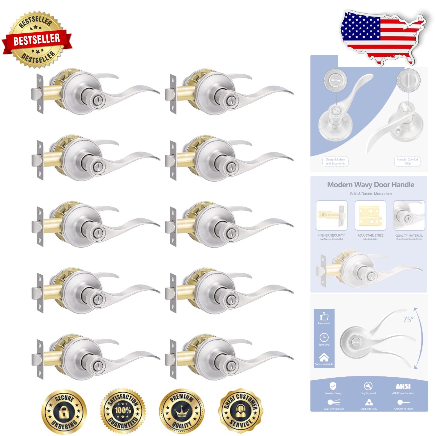 Reversible Brushed Nickel Privacy Door Handle Set - 10 Pack Easy Installation-image