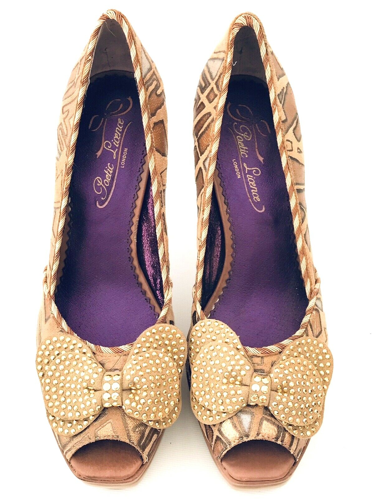 Poetic License Pumps Shoe Animal Print Bow Peep Toe High Heel Sz 7.5 Brown Deco