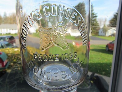 TREQ Milk Bottle K Konyk Cohoes Dairy Phone 1058 Cohoes NY EMBOSSED COW's HEAD