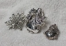 Christmas Brooch, Pin, Pendant Lot - Mixed Set Of 3  - Silver Tone