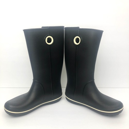 Crocs Rain Boots Womens 5 Jaunt Mid Calf Crocband Black Rubber Waterproof EUC - Picture 3 of 12