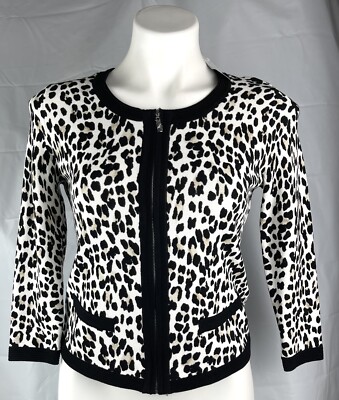 New White House Black Market Leopard knit Cardigan Zip Closure 3/4 Sleeves XS
