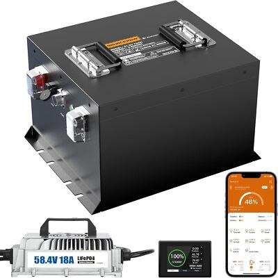 48V 72Ah Lithium LiFePO4 Golf Cart Battery, 200A BMS, Touch Monitor& 18A Charger