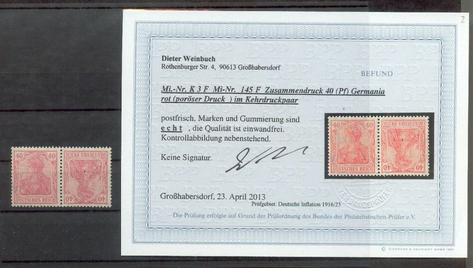 DR-Infla Zusammen Druck K3F Misprint MNH Post Fresh BPP Certificate 500EUR