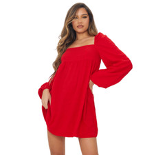 Pretty Little Thing Red Textured Square Neck Puff Sleeve Smock Dress Size 10 NWT