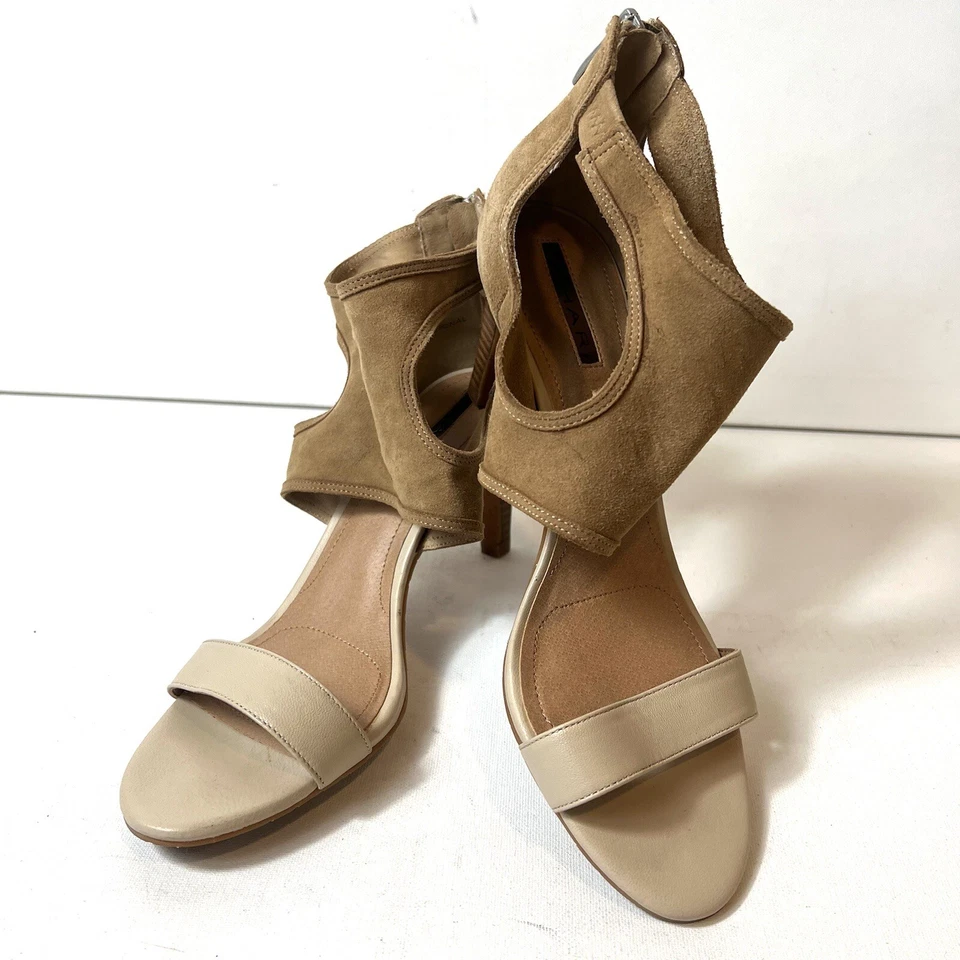 Sandalias de tacón Tahari de gamuza de cuero para mujer talla 9M marrón beige punta abierta cremallera trasera Foto 4 de 4