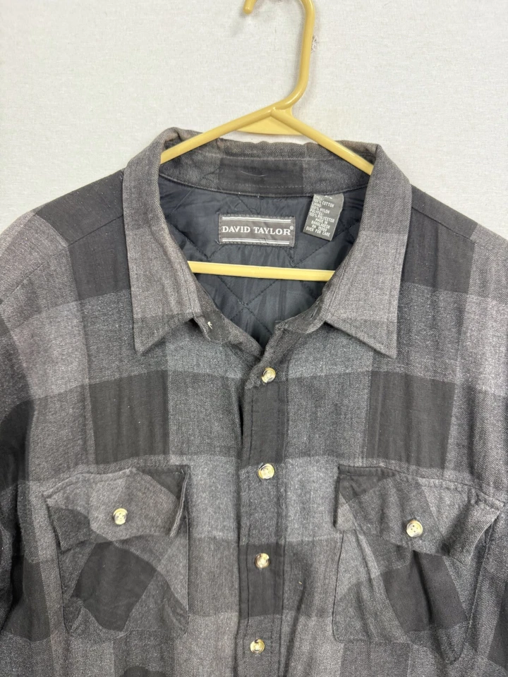 Camisa David Taylor Para Hombre XL Gris Cuadros 100% Algodón Manga Larga Clásica Abotonada Foto 3 de 4