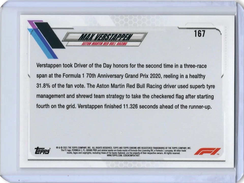 2021 Topps Chrome Formula 1 #167 Max Verstappen "Driver of the Day" Insert - Image 2 of 2