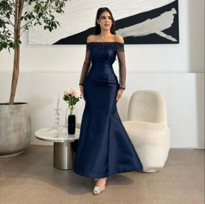 Navy Mermaid Evening Dress Formal Satin Off The Shoulder Ladies Prom Party Gowns | eBay Navy Mermaid Evening Dress Formal Satin Off The Shoulder Ladies Prom Party Gowns | eBay