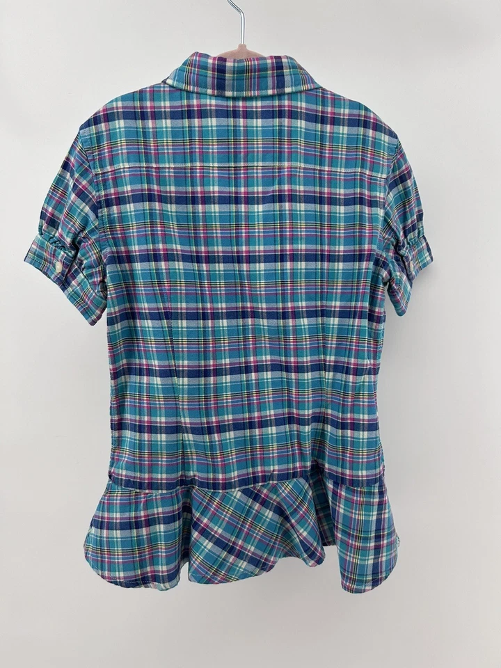 Polo feminina Ralph Lauren xadrez botão para baixo babado bainha peplum tamanho 8 preppy azul-petróleo - Imagem 2 de 4