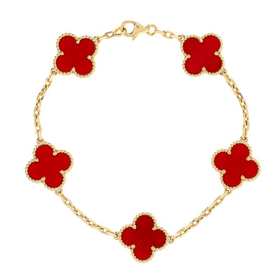 Van Cleef & Arpels Vintage Alhambra 18k Yellow Gold 5 Motif Carnelian Bracelet
