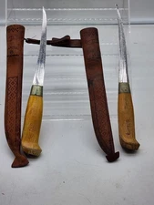 2 J. MARTTIINI hand ground stainless 6" blade Fishing knifes, Finland, leather