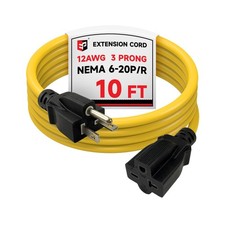 Extension Cord 10 Ft 12/3 SJTW 20A 250V NEMA 6-20P/R - Heavy Duty Indoor/Outdoor