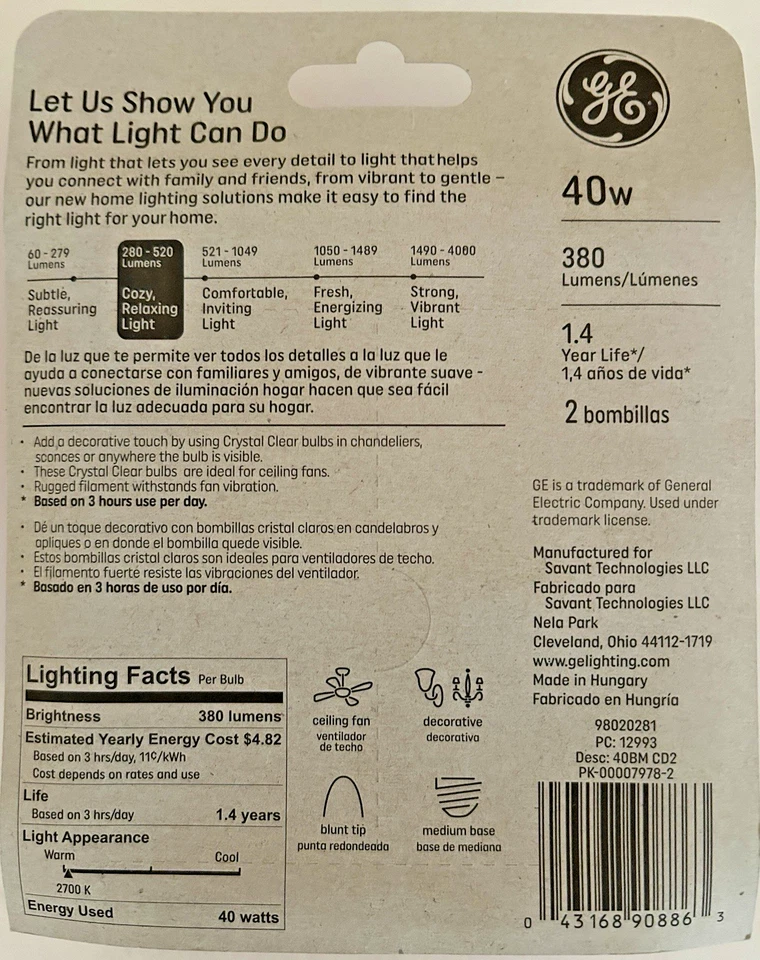 Ge Lighting 40w Crystal Clear B13 Type 380 Lumens Faceted Ceiling fan 12 Bulbs - Image 3 of 4