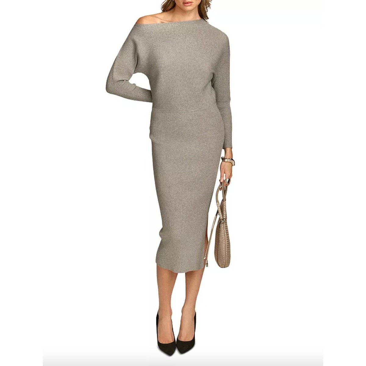 Donna Karan One Shoulder Sweater Dress Midi Knit Gray Long Sleeve 