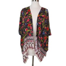 ANGIE Kimono Women's Eggplant Floral Rayon Open Front Cardigan Size S
