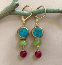 Turquoise Sundance charm handmade gold edge earrings Artisan Jewelry
