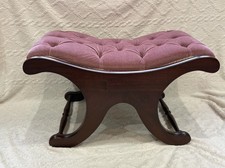 Vintage Victorian Style Mahogany Curule Footstool - Pink Velvet Tufted X-Frame