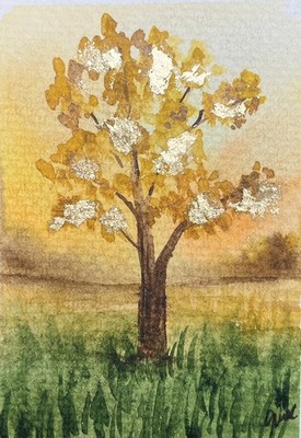 ACEO Watercolor golden tree abstract Painting  Bohoandbloosoms Original Art