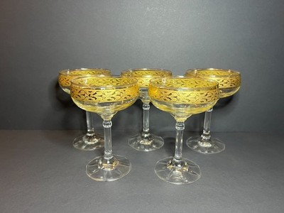VTG Set of 5 Cristalleria Fratelli Fumo Crystal 24k Gold Rim Champagne Glasses