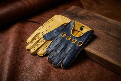Men s Deerskin Driving Gloves   Navy Blue Top with Yellow Palm & Yellow Stitchin