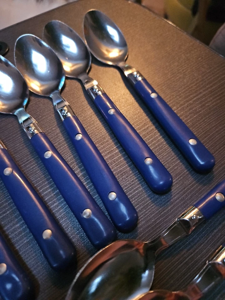 21 colheres 18/0 talheres vintage aço inoxidável azul plástico cabo rebite azul marinho - Imagem 4 de 4
