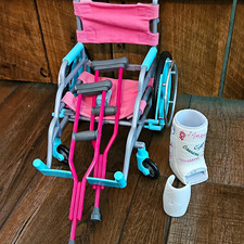 American Girl 18 in Doll Wheelchair Set Pink/Blue w/ Crutches Cast Bandage