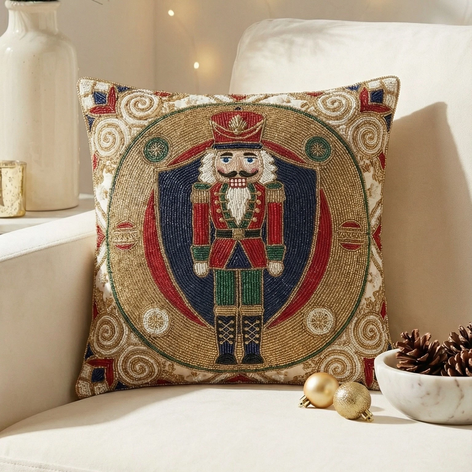Nutcracker Christmas Decorative Throw Pillow Cover, Beaded Festive Cushion,
Opens in a new window or