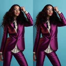 Fuchsia Silk Satin Women Suits Party Wedding Formal Prom Blazers Ladies Outfit